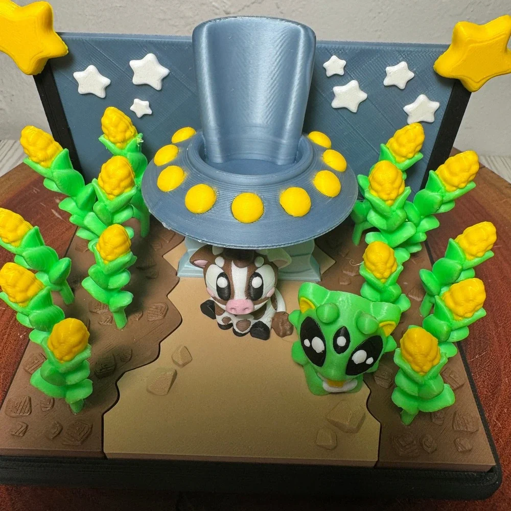 3D Printed Alien‎ UFO Cow Abduction Cornfield Diorama Toy Decor Multi-Color